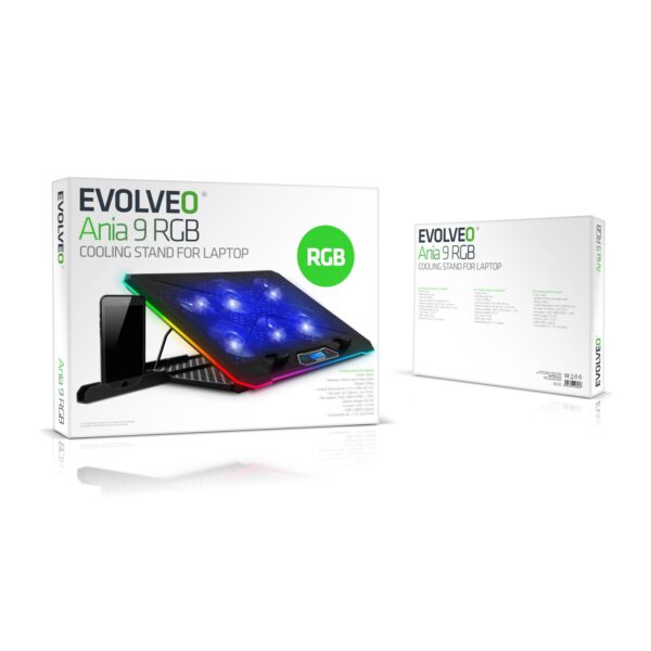 01-58 EVOLVEO Ania 9, chladící podložka pod notebook, 6x ventilátor, RGB obvodové podsvícení