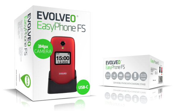 EVOLVEO EasyPhone FS, vyklápěcí telefon 2.8" pro seniory s nabíjecím stojánkem (červená barva)