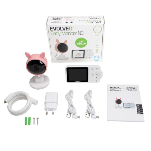10-33 EVOLVEO Baby Monitor N3, dětská videochůvička, růžová