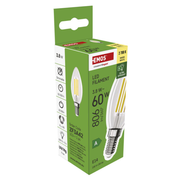 1525741258_E19-ZF3A42 EMOS LED FLM CANDLE 3,8W(60W) 806lm E14 WW A CLASS