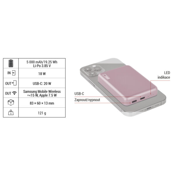 EMOS POWERBANKA WI 522, bezdrátové nabíjení 20W, 5.000mAh, LOSOSOVÁ, 1xUSB-C