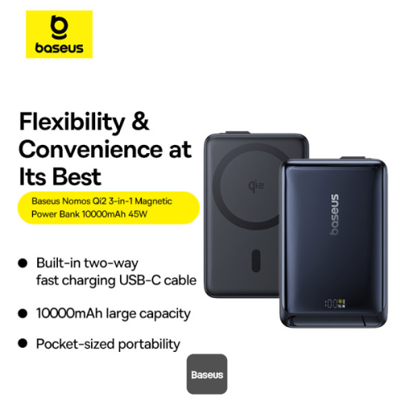 1735132277 Baseus Powerbanka PicoGo Qi2 10000mAh 45W s kabelem USB-C černá