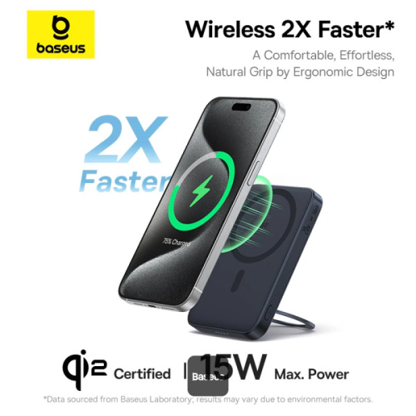 1737530386 Baseus Powerbanka PicoGo Qi2 s otočným stojanem a bezdrátovým nabíjením 5000mAh 20W USB-C černá