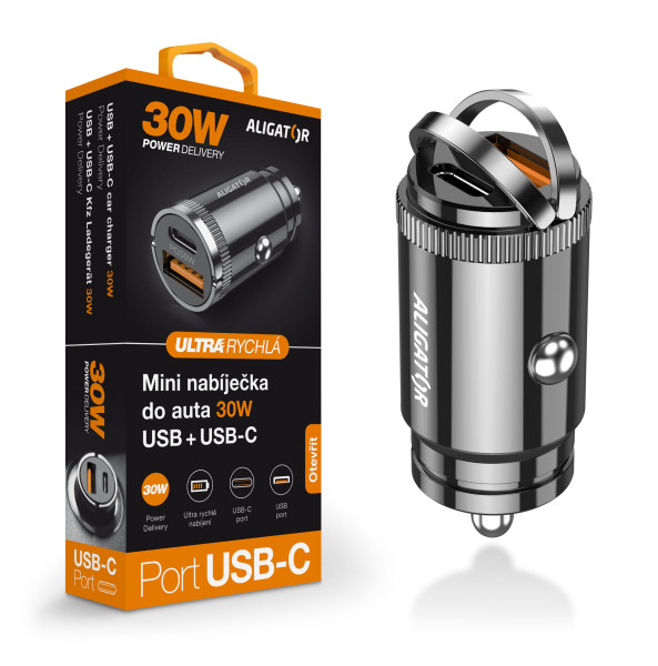 1_s-2722 Aligator mini nabíječka do auta Power Delivery 30W, USB-C + USB-A