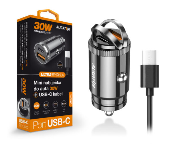 1_s-2723 Aligator mini nabíječka do auta Power Delivery 30W, USB-C + USB-A, USB-C/USB-C kabel