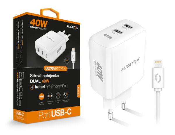 1_s-2728 Chytrá síťová nabíječka ALIGATOR Power Delivery 40W, 2xUSB-C, USB-C kabel pro iPhone/iPad, bílá