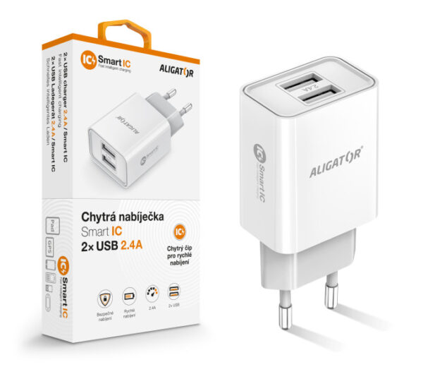 1_s-2730 Chytrá síťová nabíječka ALIGATOR 2,4A, 2xUSB, smart IC, bílá