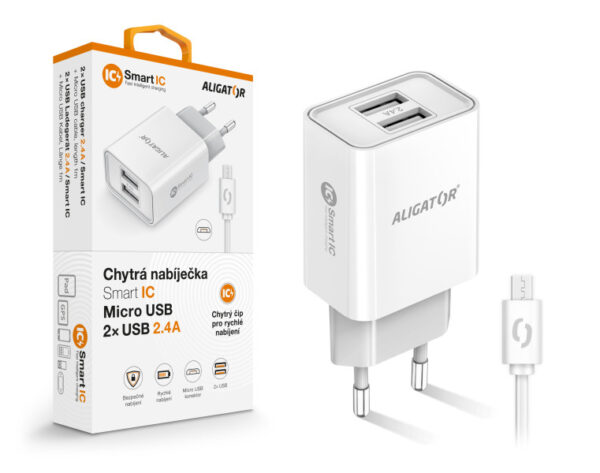 1_s-2732 Chytrá síťová nabíječka ALIGATOR 2,4A, 2xUSB, smart IC, bílá, micro USB kabel