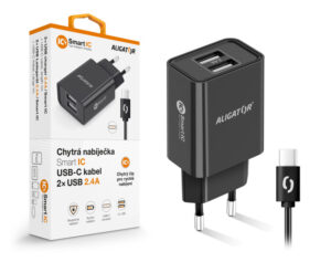 1_s-2733 Chytrá síťová nabíječka ALIGATOR 2,4A, 2xUSB, smart IC, černá, USB-C kabel