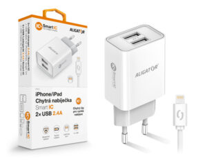1_s-2736 Chytrá síťová nabíječka ALIGATOR 2,4A, 2xUSB, smart IC, bílá, USB kabel pro iPhone/iPad