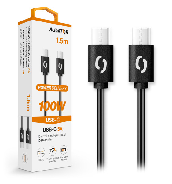 1_s-2737 Datový kabel ALIGATOR POWER 100W, USB-C/USB-C 5A, 1,5m černý