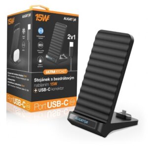 1_s-2953 Aligator Stojánek s bezdrátovým nabíjením 15W a USB-C konektorem, 2v1, černý
