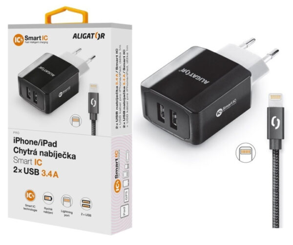 1_s-3017 Chytrá síťová nabíječka ALIGATOR 3.4A, 2xUSB, smart IC, černá, kabel pro iPhone/iPad 2A