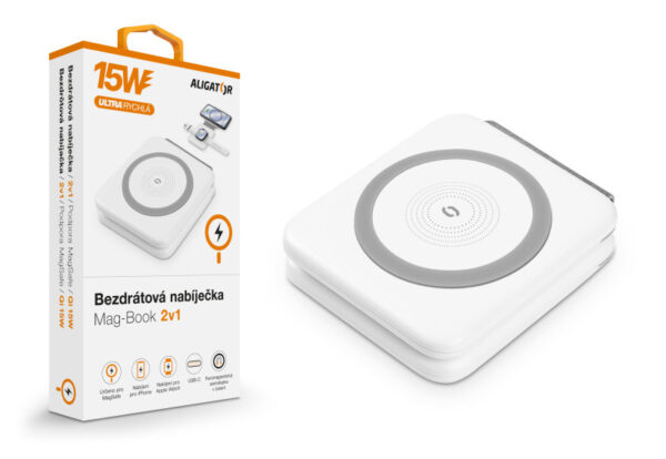 1_s-3024 Bezdrátová nabíječka ALIGATOR Mag-Book 2v1, určeno pro MagSafe a nabíjení Apple Watch, 15W, bílá