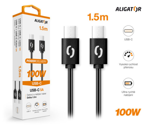 2-530 Datový kabel ALIGATOR POWER 100W, USB-C/USB-C 5A, 1,5m černý