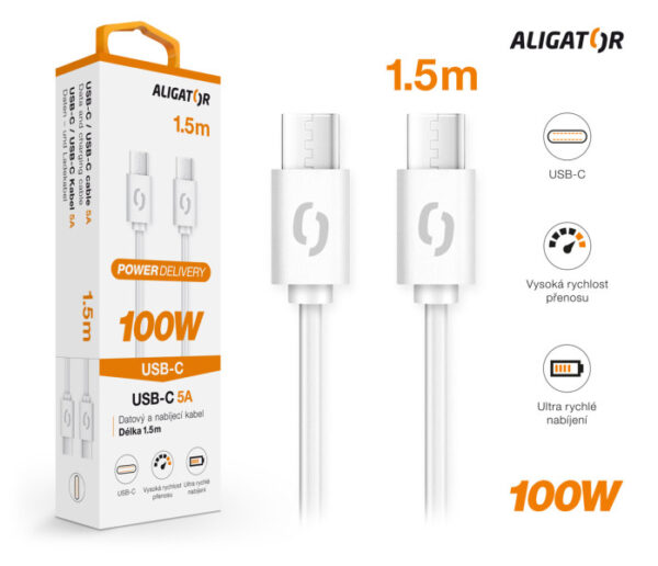 2-531 Datový kabel ALIGATOR POWER 100W, USB-C/USB-C 5A, 1,5m bílý
