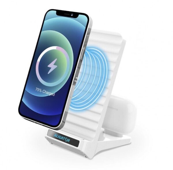 ALIGATOR Stojánek s bezdrátovým nabíjením 15W a USB-C konektorem, 2v1, bílý