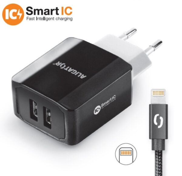 2-5923 Chytrá síťová nabíječka ALIGATOR 3.4A, 2xUSB, smart IC, černá, kabel pro iPhone/iPad 2A
