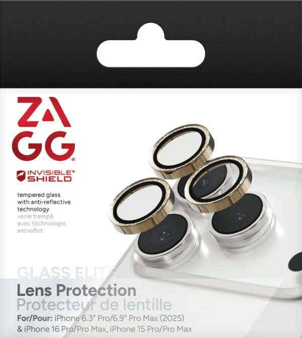 ZAGG Ochranná čočka pro Apple iPhone 17 Pro/Pro Max/16 Pro/Pro Max/15 Pro/Pro Max - zlatá třpytka