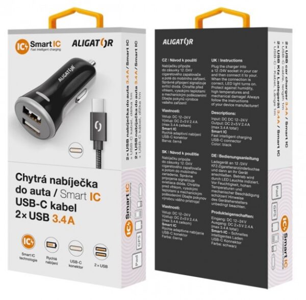 23042_7_800_600 ALIGATOR Chytrá nabíječka do auta 3.4A, 2xUSB, smart IC, černá, USB-C kabel