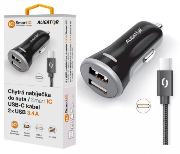 23042_800_600_s ALIGATOR Chytrá nabíječka do auta 3.4A, 2xUSB, smart IC, černá, USB-C kabel