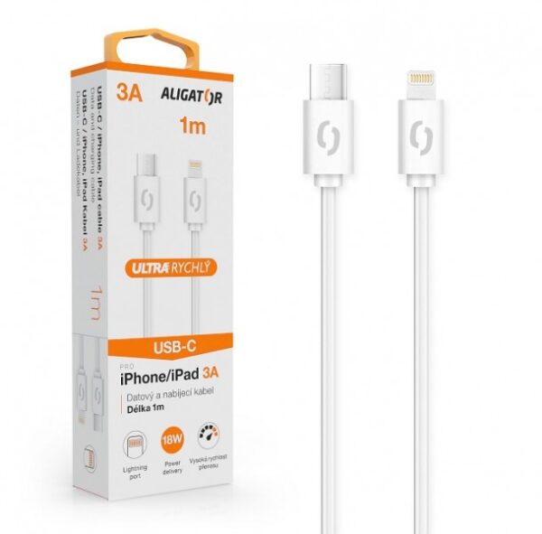 23456_800_600 ALIGATOR Datový kabel POWER 3A, USB-C/lightning bílý