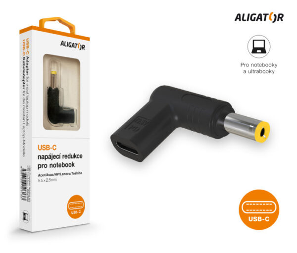 25686_3_800_600_s-1 Aligator USB-C napájecí redukce 5,5x2,5 mm pro notebooky Acer/Asus/HP/Lenovo/Toshiba