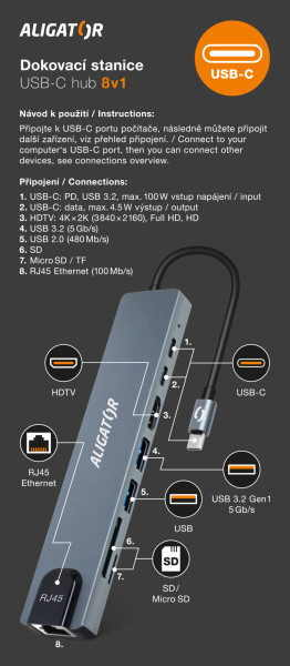 26430_2_800_600 Aligator Dokovací stanice USB-C / Hub 8v1 (USB-C / 2xUSB / SD / MicroSD/ HDTV / RJ45)