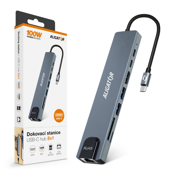 26430_800_600 Aligator Dokovací stanice USB-C / Hub 8v1 (USB-C / 2xUSB / SD / MicroSD/ HDTV / RJ45)