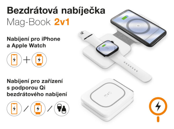 3-5686 Bezdrátová nabíječka ALIGATOR Mag-Book 2v1, určeno pro MagSafe a nabíjení Apple Watch, 15W, bílá