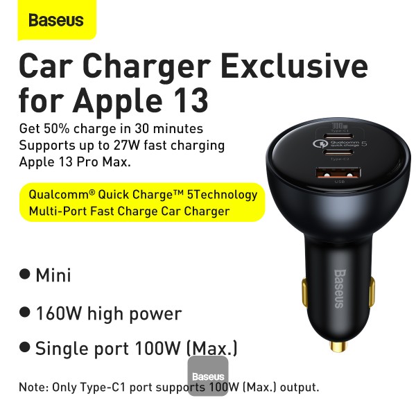 3-5961 Baseus nabíječka do auta 1x USB-A 2x USB-C Quick Charge 5 160W šedá + kabel USB-C