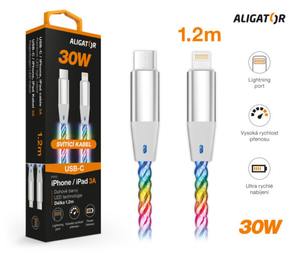 3-6050 ALIGATOR Datový kabel LIGHT 3A, 30W USB-C/Lightning 0,5m
