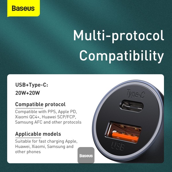 4-1034 Baseus rychlonabíječka do auta Golden Contractor Pro Dual USB+USB-C 40W tmavě šedá