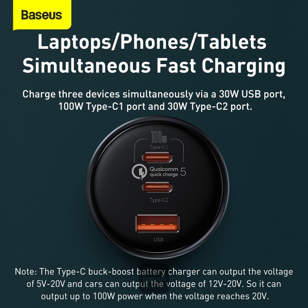 4-1053 Baseus nabíječka do auta 1x USB-A 2x USB-C Quick Charge 5 160W šedá + kabel USB-C