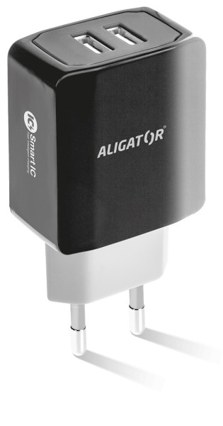 4-728 Chytrá síťová nabíječka ALIGATOR 3.4A, 2xUSB, smart IC, černá, kabel pro iPhone/iPad 2A