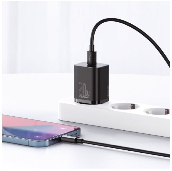 4-809 Baseus rychlonabíječka do sítě Super Si USB-C PD QC 20W černá s kabelem USB-C/Lightning 1m