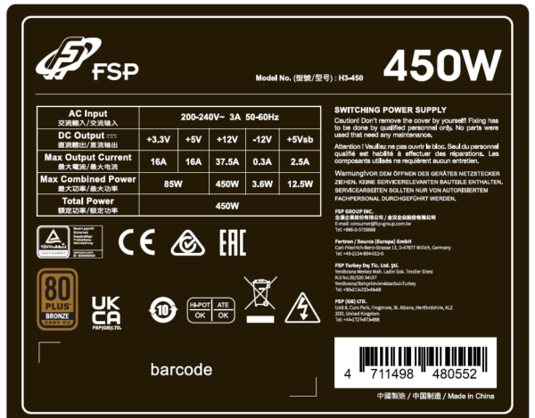 450W FSP HYPER 80+ PRO/450W/ATX 3.0/80PLUS Bronze 230V/Bulk