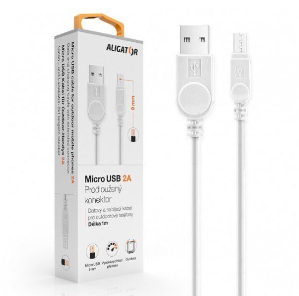 Aligator kabel microUSB prodloužený kon. 9mm Bílý