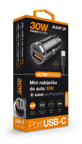 5-38 Aligator mini nabíječka do auta Power Delivery 30W,USB-C + USB-A, USB-C kabel pro iPhone/iPad