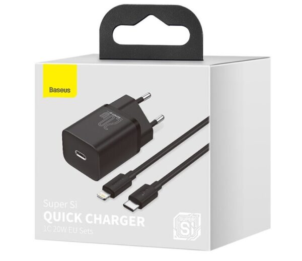 5-570 Baseus rychlonabíječka do sítě Super Si USB-C PD QC 20W černá s kabelem USB-C/Lightning 1m