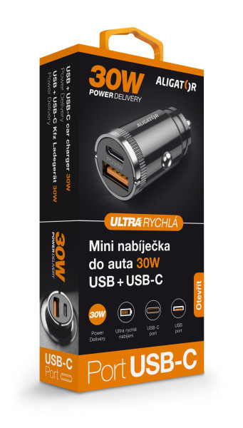 5-78 Aligator mini nabíječka do auta Power Delivery 30W, USB-C + USB-A