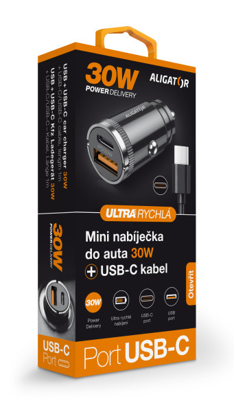 5-79 Aligator mini nabíječka do auta Power Delivery 30W, USB-C + USB-A, USB-C/USB-C kabel