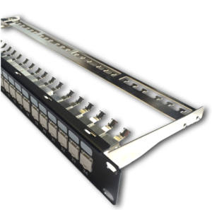 50271212435 DATACOM Patch panel 19" STP 24 port CAT6A 1U černý, vyvaz.lišta, beznástrojový