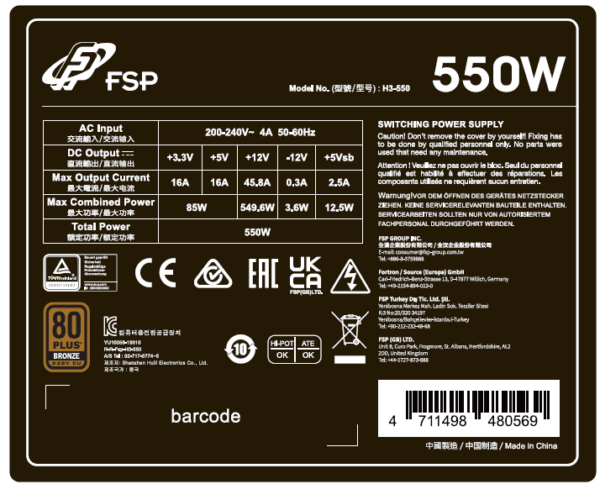 550W FSP HYPER 80+ PRO/550W/ATX 3.0/80PLUS Bronze 230V/Bulk