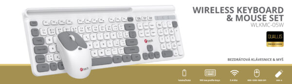 Klávesnice C-TECH Quallis WLKMC-05, bezdrátový combo set s myší, bílá, USB, CZ/SK