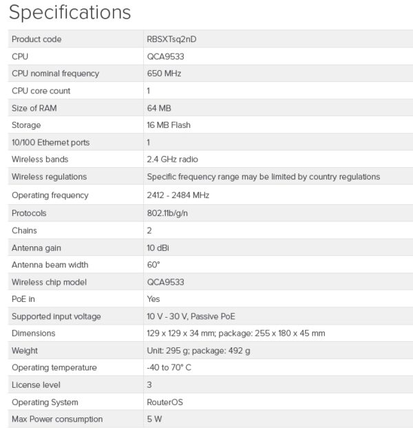6-327 MikroTik RBSXTsq2nD 2,4GHz MIMO 10dBi outdoor