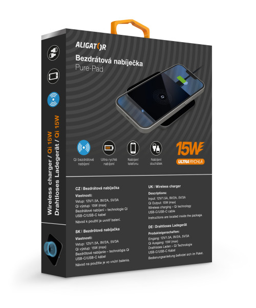 6-375 ALIGATOR bezdrátová nabíječka Aligator Pure-Pad 15W, černá