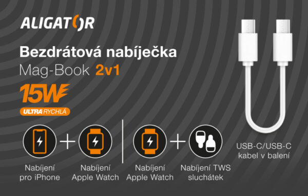 6-378 Bezdrátová nabíječka ALIGATOR Mag-Book 2v1, určeno pro MagSafe a nabíjení Apple Watch, 15W, bílá