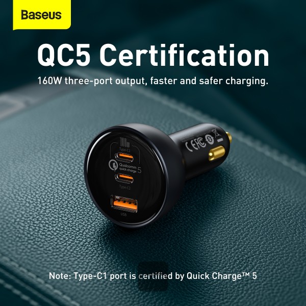 6-485 Baseus nabíječka do auta 1x USB-A 2x USB-C Quick Charge 5 160W šedá + kabel USB-C
