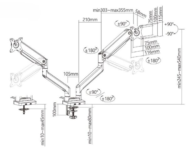 Držák monitoru Brateck LDT60-C024 dvě  ramena vedle sebe mechanická pružina Heavy Duty